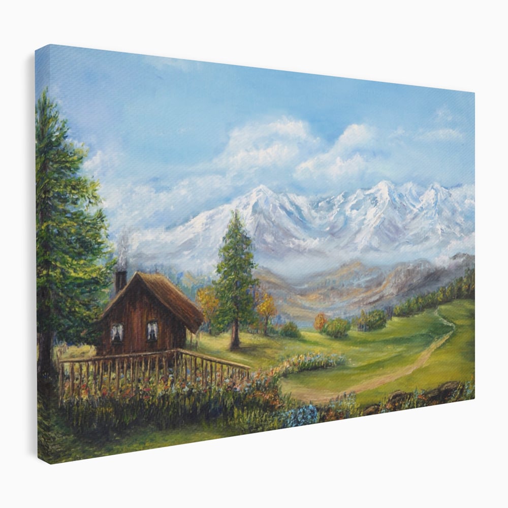 Tablou canvas cu tablou canvas cu peisaj montan si cabana, fara rama, pe sasiu de lemn
